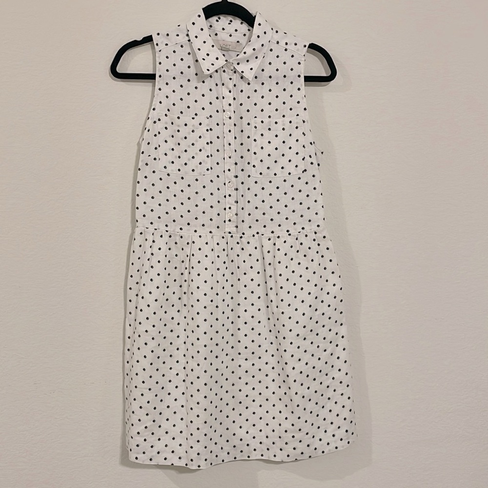 Loft Women’s Mini Dress Size 2 White 100% Linen Polka Dot Collared Contemporary